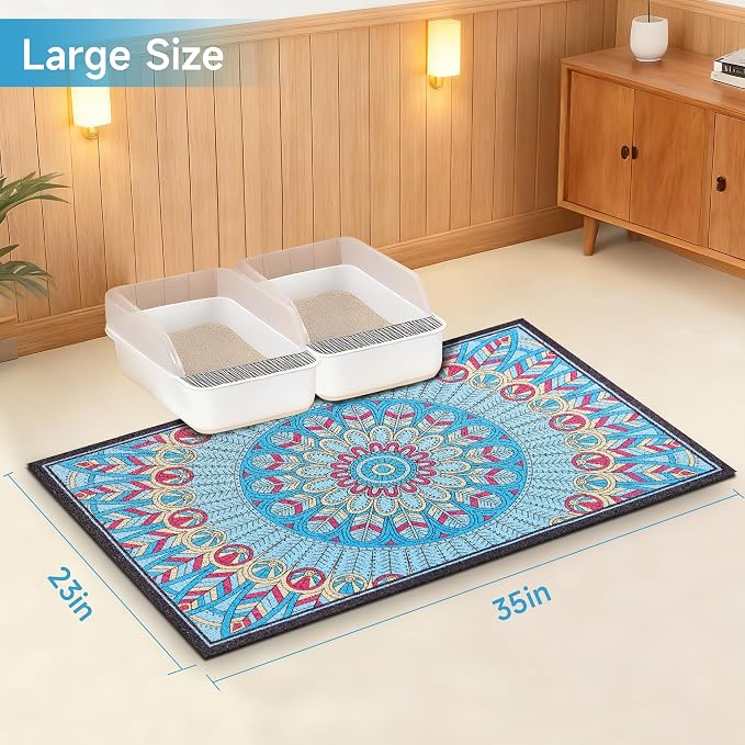 Cat Litter Mat, 35" x 23" Litter Box mat, Traps 100% Litter, Non-Slip Kitty Litter Trapping mats, Large Cute Litter mat, Easy Clean for Scatter Control, Bohe cat Food mat, Urine Waterproof - Image 7