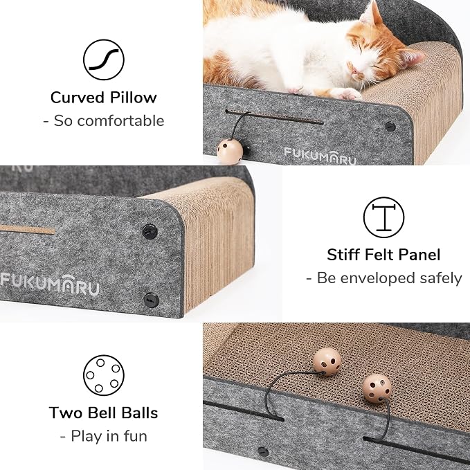 FUKUMARU Large Cat Scratcher Bed, 26 Inch Cat Scratching Bed Sofa Indoor | Cardboard Cat Scratcher with 2 Reversible Scratch Pad Refills, Durable Large Cat Scratching Lounger with Ball Toy, Grey - Image 7