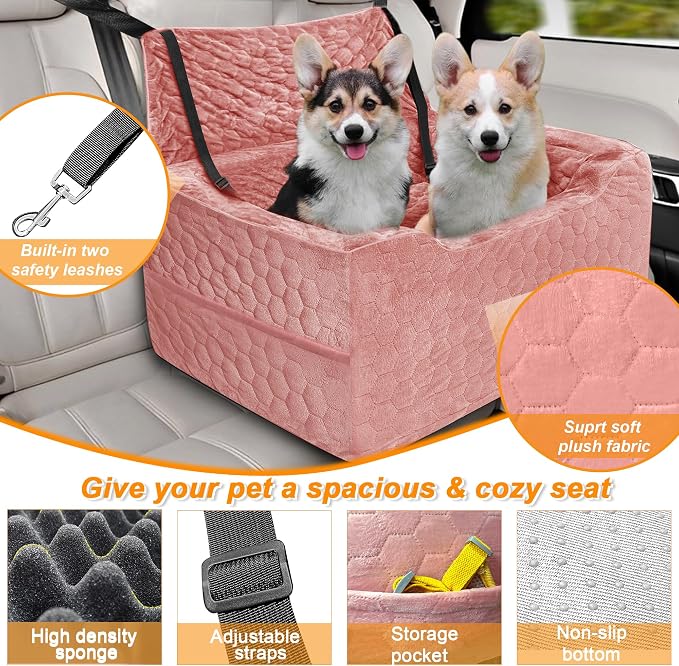 Dog Car Seat for Medium/Large Dog Booster Seat Under 60 lbs or 2 Small Dogs, Multi-Functional Pet Car Seat with Thick Cushion, 2 Safety Leashes (Pink) - Image 3