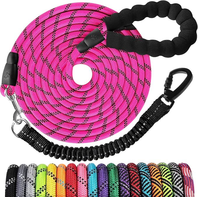 Long Dog Leash 30 FT: Heavy Duty Rope Leashes for Dogs Training with Swivel Lockable Hook Reflective Threads Bungee and Padded Handle - Dog Lead for Large Small Medium Dogs Outside Walking Hiking Pink by jenico