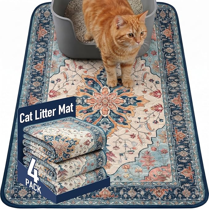 Hompet Cat Litter Mat 4 Pack, 18x28 Machine Washable Trapping Mats for Cats, Super Absorbent & Urine-Proof Cat Litter Box Mat for Floor, Waterproof & Non Slip Kitty Litter Rug by Hompet