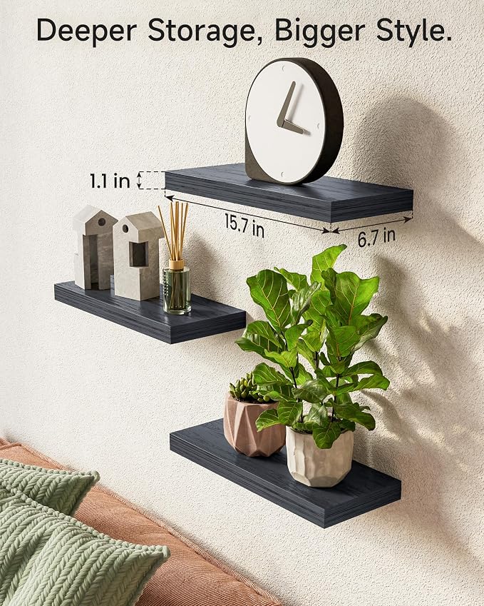 BAYKA Floating Shelves for Wall, Wall Mounted Rustic Wood Shelves for Bathroom, Bedroom, Living Room, Kitchen, Hanging Shelf for Books/Storage/Room Decor with 22lbs Capacity (Black, Set of 3, 15.7in) | Easy Install, Space Saving, Hidden Bracket, Wall S... - Image 3
