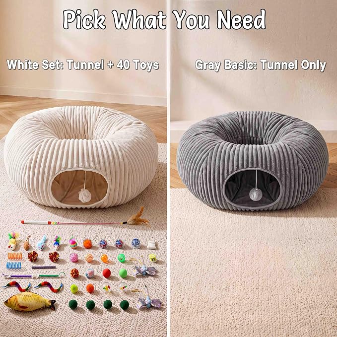 Cat Tunnel Bed with 40 Pcs Interactive Cat Toys, Cat Tube with Kitten Toys for Indoor Kittens, Collapsible Play Tunnel, White - Image 8