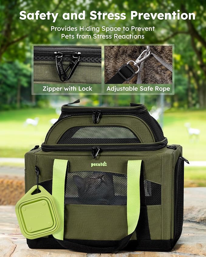 Pecute Cat Carrier,Top Expandable Dog Crate for Travel, Green | 5mm Anti-Collapse Steel Frame, Soft Mesh, Vet Visits, Foldable Travel Crate,Outdoor Hammock, Leakproof Pee Pad & Bowl - Image 5