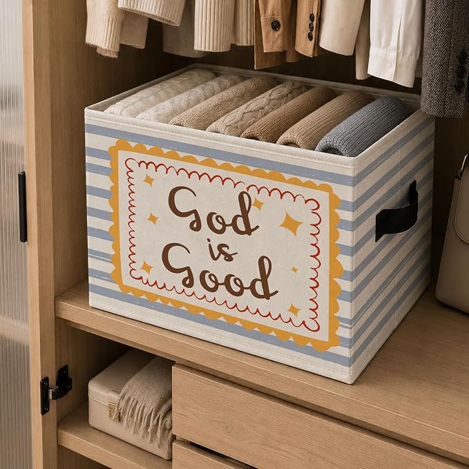 Christian Storage Bins Box, Sweet Faith Collapsible Organizer Basket | cheerful uplifting storage box basket for books clothes, light blue striped organizer for nursery bedroom playroom, 10x14 in - Image 6