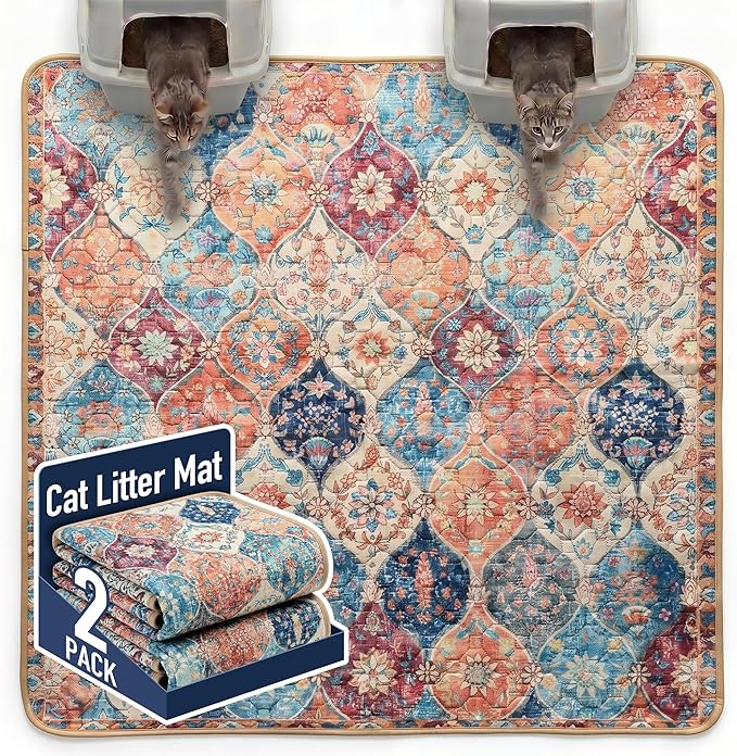 Hompet Cat Litter Mat 2 Pack, 72x72 Large Machine Washable Trapping Mats for Cats, Super Absorbent & Urine-Proof Cat Litter Box Mat for Floor, Waterproof & Non Slip Kitty Litter Rug by Hompet