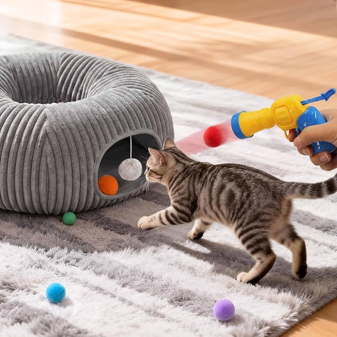31 Pcs Interactive Cat Toys for Indoor Cats, Cat Tunnel with Moving Ball, Cat Toy Launcher, Catnip Toys, Chew Rope, Feather Wand, Springs and Balls for Indoor Kittens, Grey - Image 4