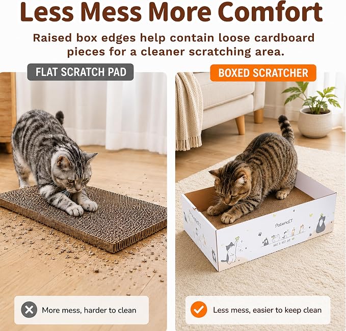 PatiencET Cat Scratch Pad with Box, Corrugated Cardboard Scratcher | Raised edges, less mess, cozy lounge, furniture protection, double-sided scratch surface, replaceable design, catnip included - Image 2