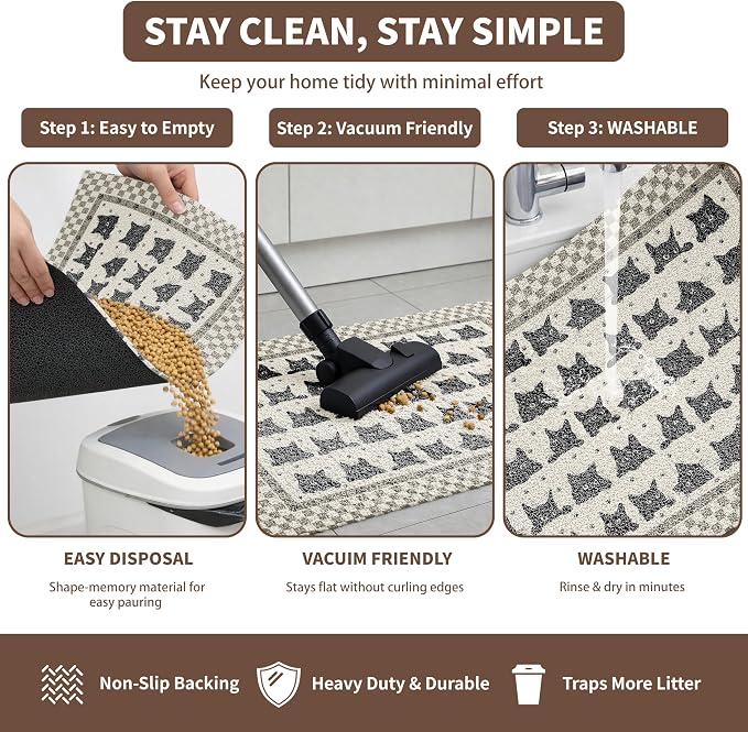 Cat Litter Mat 33" x 22" for Litter Box, Non-Slip Washable Floor Mat with Litter Trapping Design, Scatter Control for Cats and Kittens, Black Beige - Image 5