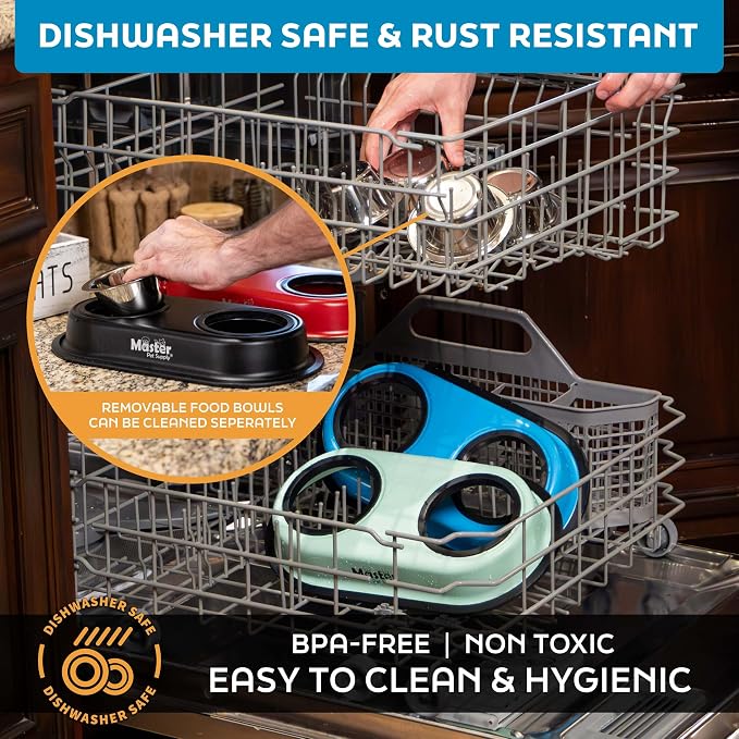 Master Pet Supply Double Dog Bowls Set with Elevated Base Emerald Sea | 2 - (8 oz) Stainless Steel Removable Dishes Double Cat Food Water Bowl, Dog Puppy Food Bowl Set, Rust Resistant, Raised Dish - Image 6