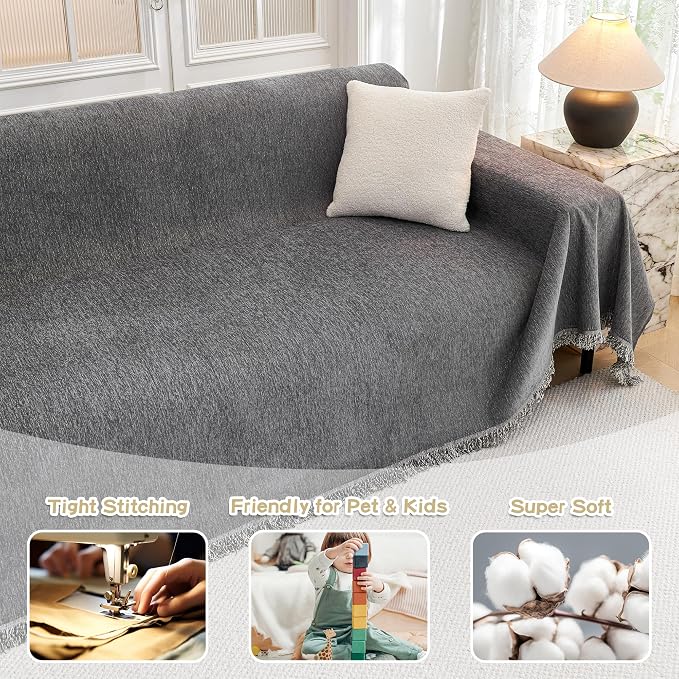 MYSKY HOME Couch Cover for Dogs, Washable Couch Covers, Non Slip Sofa Cover, Couch Cover 2 Cushion Sofa Dogs Furniture Protector with Tassels, Chenille Sofa Slipcover for Pets, 71"x118", Dark Grey - Image 2