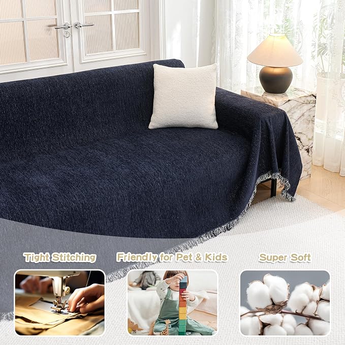 MYSKY HOME Sofa Covers Love Seat Couch Covers Couch Covers for Reclining Couches Couch Cover Sectional Washable Couch Cover with Tassels Sofa Protector for Kids, Dogs, Pets, 71"x118", Navy Blue - Image 2