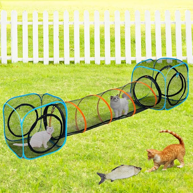Cat Play Tunnel + Cube(with Three Ways) for Indoor and Outdoor, Cat Playpen, Play Enclosures, Collapsible Cube, Tunnel, Easy to Connect with Tent 2 Cubes + Run Tunnel by ITENT