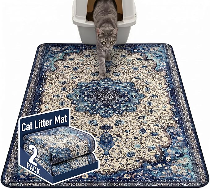 Hompet Cat Litter Mat 2 Pack, 48x60 Large Machine Washable Trapping Mats for Cats, Super Absorbent & Urine-Proof Cat Litter Box Mat for Floor, Waterproof & Non Slip Kitty Litter Rug by Hompet
