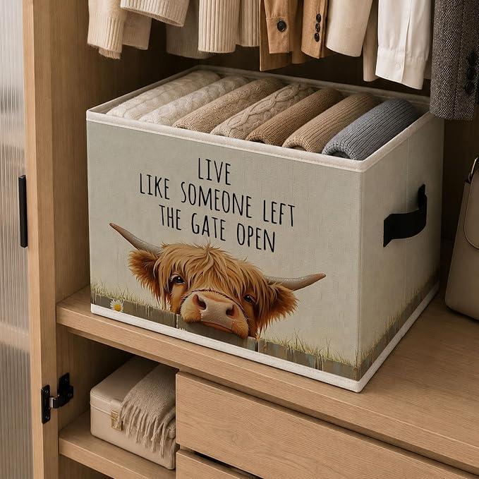 Highland Cow Storage Bins Box with Handles, Inspirational Collapsible Storage Basket, Farmhouse Animal Foldable Basket for Organizing Playroom Nursery Toys Books Clothes - Image 6