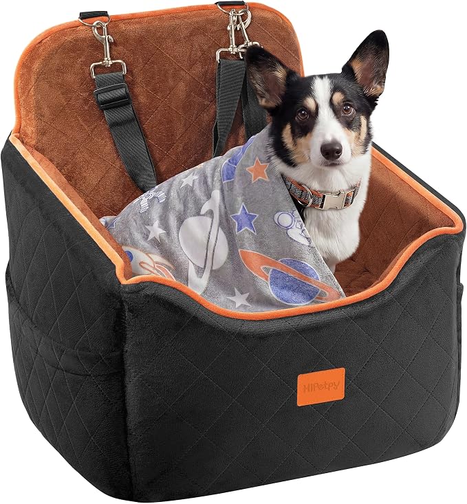HiPetpy Dog Car Seat 6" Elevated Memory Foam Booster Seat for Small Medium Dogs Under 35 lbs with Pet Blanket, Washable Pet Car Seat with Safety Leash, Anti-Slip Base and Storage Pockets by HiPetpy