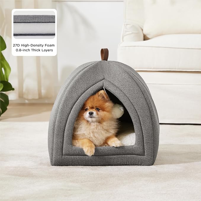 Bedsure 2in1 Cat Beds for Indoor Cats Cave for Kitten with Washable Pillow | 17.3in, Cat House for Small Dog, Covered Cat Tent, Foldable Hideaway, Fluffy Ball, Anti Slip Bottom,Removable Cushioned ,Grey - Image 2