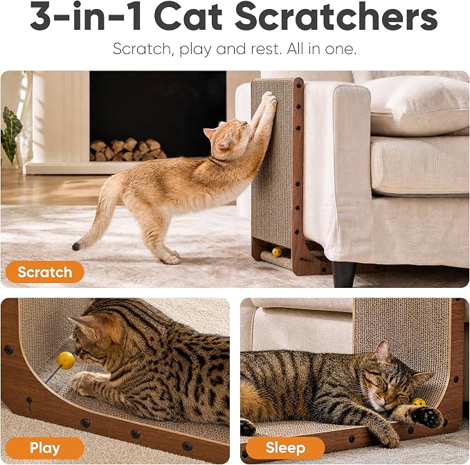 FUKUMARU Cat Scratcher 2 Packs, 25 Inch Cat Scratching Boards, L Shaped Pad | Cardboard Cat Scratcher for Indoor Cats, Vertical Scartch Pads with Ball Toy, Kitten Scratching Post Wall, Walnut Color - Image 3