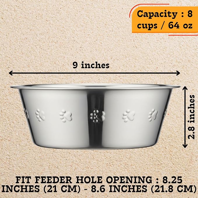 2-Pack Stainless Steel Dog Bowls 9" Wide 3" Height Pet Feeder | Food, Water Dish fits Raised Pet feeder with hole width 8.3" to 8.7" - Image 3
