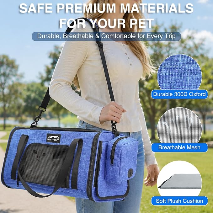 Pet Carrier for Small Dogs & Cats, Airline Approved, Lightweight, Foldable, Comfortable Travel Bag with Plush Cushion & Extra Storage (Blue) - Image 7