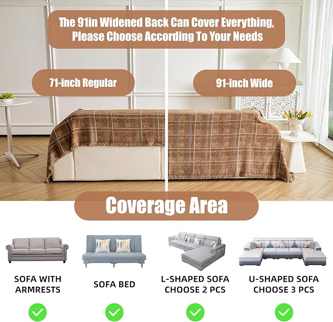 Couch Cover for Dogs Washable Sofa Cover, Sectional Couch Covers, Sofa Covers for 2 Cushion Couch, Non Slip Stripe Sofa Slipcovers Furniture Protector (Brown Checkered 91x150) - Image 3