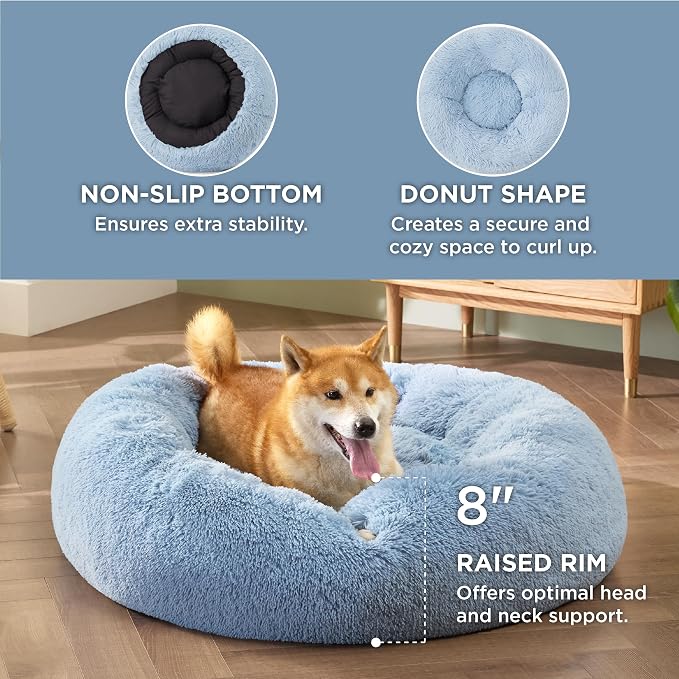 Bedsure Calming Dog Bed Medium Size Dog Donut Washable Pet Bed,30ins | Fluffy Faux Fur Round Cuddler,Machine Washable,Anti-Slip Bottom,Anti-Anxiety,Deep Sleeping for Pets Up to 45 Lbs,Light Blue - Image 3