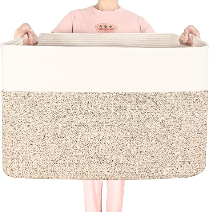MINTWOOD Design 112L Extra Large Blanket Basket Holder Living Room, 25"x17"x16" Rectangle Rope Woven Storage Basket with Handles for Laundry, Pool Towels, Shoes, Dog Toy Organizer Bin Box, Light Brown by MINTWOODDesign