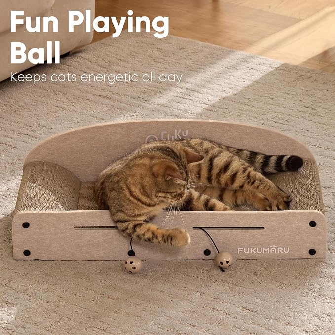 FUKUMARU Large Cat Scratcher Bed, 26 Inch Cat Scratching Bed Sofa Indoor | Cardboard Cat Scratcher with 2 Reversible Scratch Pad Refills, Durable Large Cat Scratching Lounger with Ball Toy, Beige - Image 8