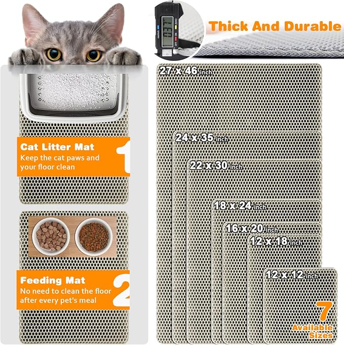 Cat Litter Mat 22"x30",Double Layer EVA litterbox Mat, Khaki | Waterproof honeycomb large grid, urine-proof and odor-free. Traps litter, easy cleanup,Washable, non-slip backing - Image 2