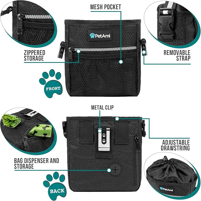PetAmi Dog Treat Pouch, Pet Treat Pouch for Training, Dog Walking Bag Holder for Kibbles, Pet Food Toy, Dog Trainer Essentials Supplies, Poop Bag Dispenser, 3 Ways to Wear (Black) - Image 3