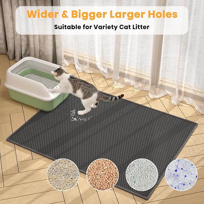 Pieviev Double Layer Cat Litter Mat Traps Scattered Litter 30''x24'' 2 Pack | Waterproof Urine Resistant Layer Litter Box Mat, Easy Collection, Soft on Kitty Paws, Black Color for Indoor Cats - Image 3