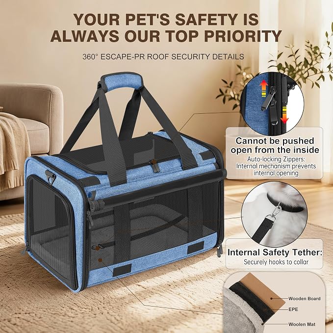 Soft Sided Cat Carrier for Anxious Pets with Privacy Roller Blinds | TSA Airline Approved Dog Carrier for Small Medium Cats Dogs up to 18 lbs, Foldable Pet Travel Bag with Side Storage Pocket - Image 7