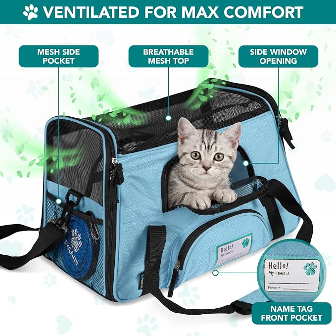 PetAmi Airline Approved Pet Carrier for Cats & Small Dogs, Large Light Blue | Soft Sided TSA Travel Bag, Sherpa Bed, Breathable Mesh Ventilation, Collapsible Bowl, Fits Under Seat, Up to 18 lbs - Image 3
