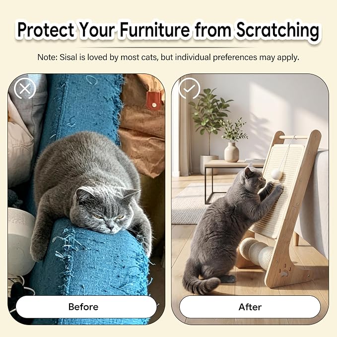 Cat Scratcher for Indoor Cats, Sisal Cat Scratching Board with 3 Sisal Scratch Balls, Solid Wood Cat Scratchers Pad Ramp, L-Shaped Cat Scratching Post - Image 6