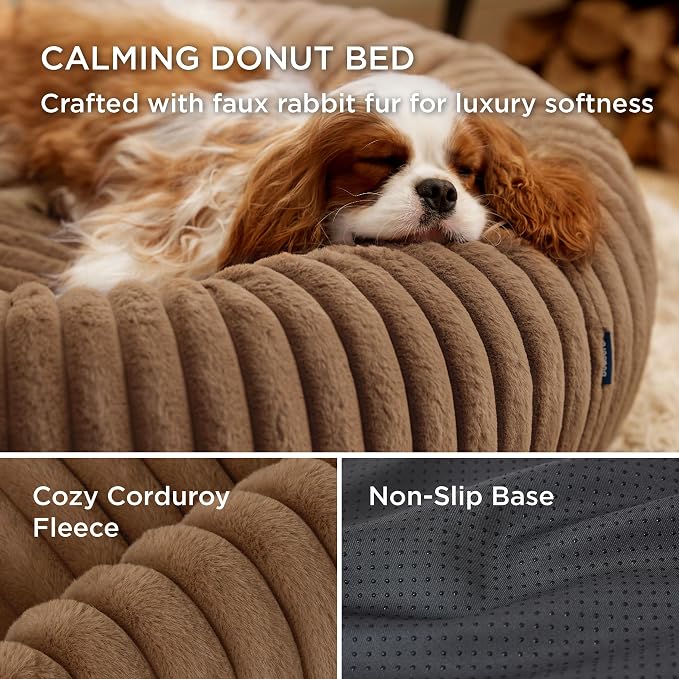 Bedsure ComfyFleece™ Donut Large Dog Bed - Washable Faux Fur with Corduroy Fleece & Anti Slip Bottom, Round Pet Bed with Removable Cover, Camel Brown, 36x36x8 inches | 36x36x8in,Calming Round Pet Bed,Support Plush , with Removable Corduroy Fleece for B... - Image 3