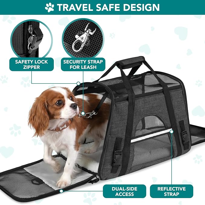 PetAmi Airline Approved Pet Carrier Cats Small Dogs, Large Heather Charcoal | Soft Sided TSA Travel Bag, Sherpa Bed, Breathable Mesh Ventilation, Collapsible Bowl, Fits Under Seat, Up to 18 lbs - Image 4