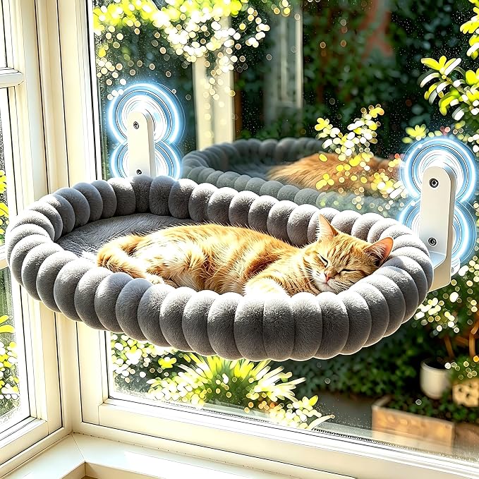 Cat Window Perch - Cordless Cat Window Hammock with 4 Strong Suction Cups, Ultra Soft Window Perch for Cats Inside - 2 in 1 Cats Window Bed Detchable & Washable Cushion 23.3 * 15.8in(Grey) by LOVESPORTSLOVELIFELOVEU
