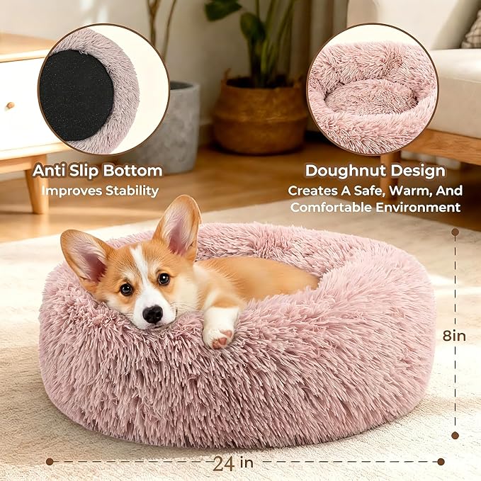 Calming Anti-Anxiety Donuts Dog And Cat Bed, Round Fluffy Soft Washable Small Medium Pet Bed For Puppy And Kitten, Cuddler Warming Comfortable Luxury Anti-Slip Waterproof Mute Base 24in Pink - Image 3