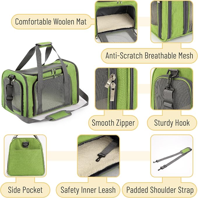 Mr. Pen- Pet Carrier, 17.5" x 11.2" x 11.5", Medium Size, Green | Portable Travel Carrier for Small Pets, Cats & Small Dogs, Breathable Mesh, Safety Inner Leash - Image 3