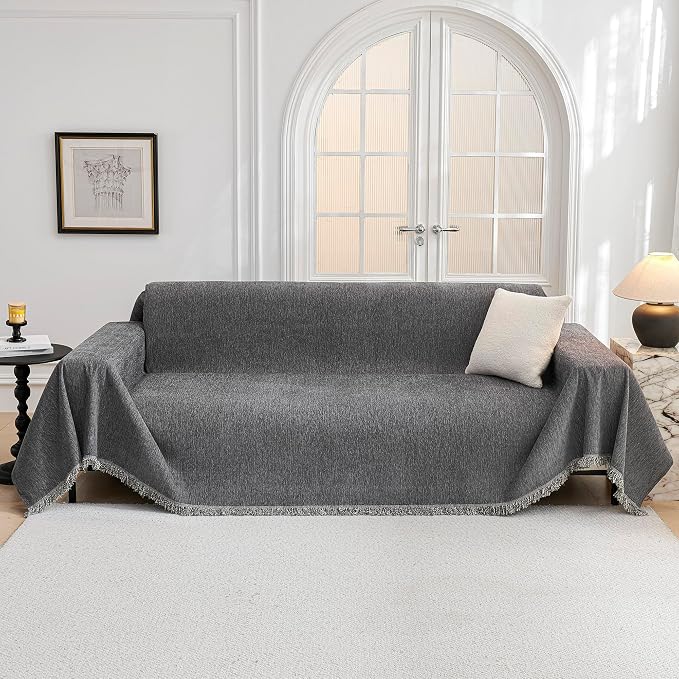 MYSKY HOME Couch Cover for Dogs, Washable Couch Covers, Non Slip Sofa Cover, Couch Cover 2 Cushion Sofa Dogs Furniture Protector with Tassels, Chenille Sofa Slipcover for Pets, 71"x118", Dark Grey - Image 9