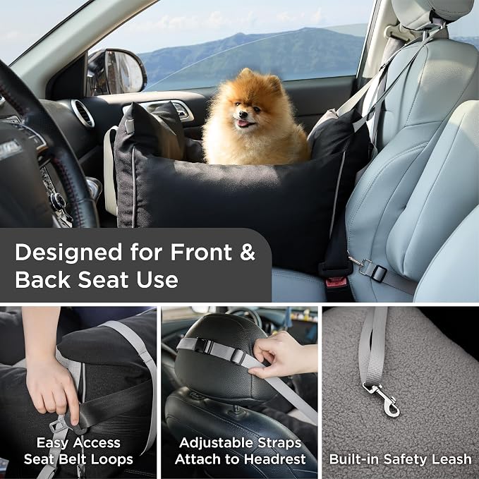 Lesure Dog Car Seat for Small Dogs,Booster Car Bed for Puppy Under 25lbs | Soft Pet Carseat with Clip-On Safety Leash and Thickened Memory Foam Filling,Dog Travel Carrier Bed with Storage Pocket,Black - Image 2