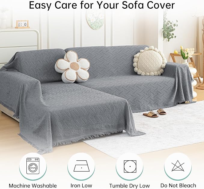 MYSKY HOME Couch Cover for Sectional Sofa, 2 Pieces Couch Covers for L Shape Sofa Geometrical Sofa Slipcovers for 2-3 Cushion Couch Sofa Throws for Pets, Kids (71"x118"+71"x118", Frost Grey) - Image 7