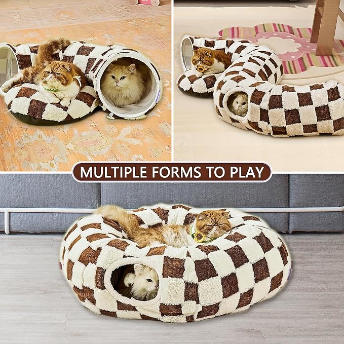 Cat Tunnel Bed with Washable Cushion for Indoor Cat, Donut Cave Tube Toys for Kitten Puppy Rabbit, Brown - Image 4