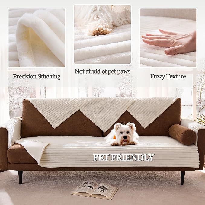 Dual Non-Slip Couch Cover for Dogs Waterproof, Fuzzy Soft Pet Couch Covers for Sofa 3 Cushion, Pet Friendly Soft Dog Bed Covers Sofa Cover Washable (White, 33" x 85" 1 Pack) - Image 4