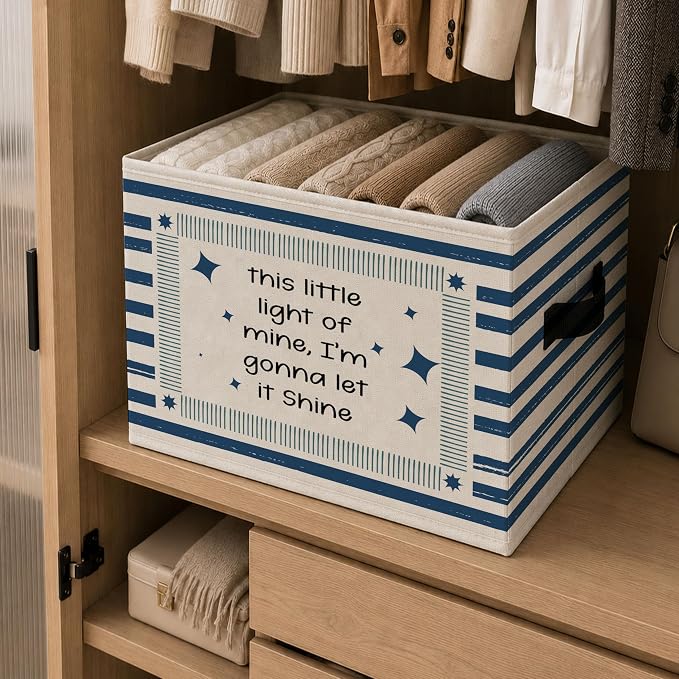 Vintage Christian Storage Bins Box, Faith Star Collapsible Organizer Basket | uplifting playful storage box basket for books clothes, navy striped organizer for nursery bedroom playroom, 10x14 in - Image 6
