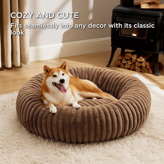 Bedsure ComfyFleece™ Donut Large Dog Bed - Washable Faux Fur with Corduroy Fleece & Anti Slip Bottom, Round Pet Bed with Removable Cover, Camel Brown, 36x36x8 inches | 36x36x8in,Calming Round Pet Bed,Support Plush , with Removable Corduroy Fleece for B... - Image 4