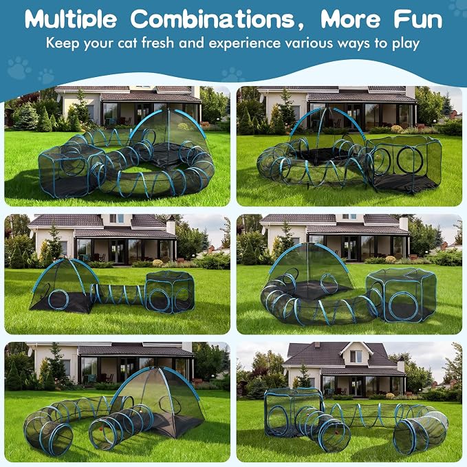 5-in-1 Outdoor Cat Enclosure, Portable Catio Tent with Tunnel | 2 Rooms & 3 Tunnels, Breathable Mesh, Carry Bag, Interactive Toys, Multi-Entry Doors, Indoor & Outdoor Use for Small pets - Image 4