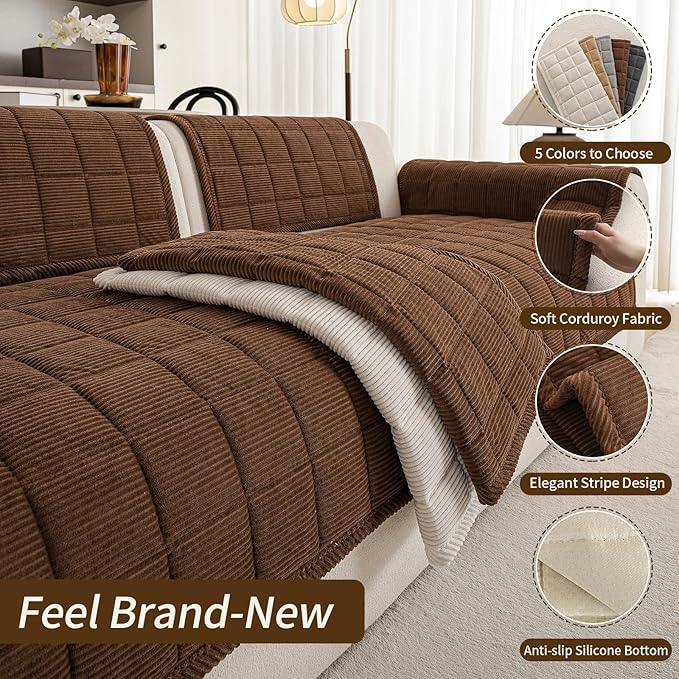 Couch Covers for Sectional Sofa, L Shaped Modular Couch Cover | 35”x71” Dark Brown Velvet Non Slip Sofa Covers Washable for 2 Cushion Sofa, Couch Protect Against Pet Hair, Scratches Stains - Image 4