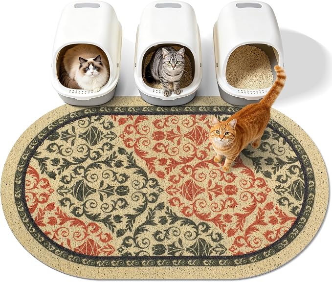 Cat Litter Mat,40"x30" High Density PVC Litter Trapping Mat, Non-Slip, Waterproof & Urine-Proof Litters Catcher Mats, Keep Floor Clean, Soft on Kitten Paws, Cat Essentials Brown-Green by Yigerlee