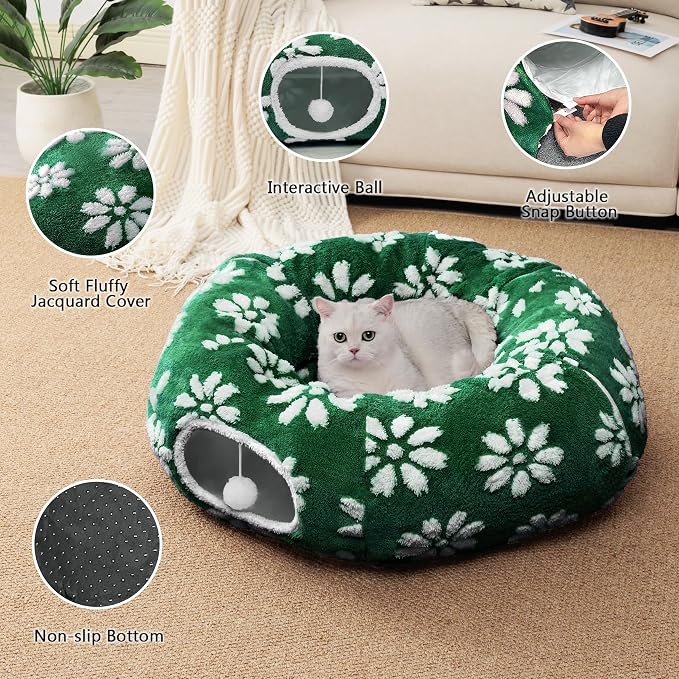 Cute Round Cat Tunnel for Indoor Cats, Green Flower | Peekaboo Cat Cave with Dangling Balls, Pet Donut Tunnel Bed with Circle Mat for Puppy Kitten Rabbit - Image 3